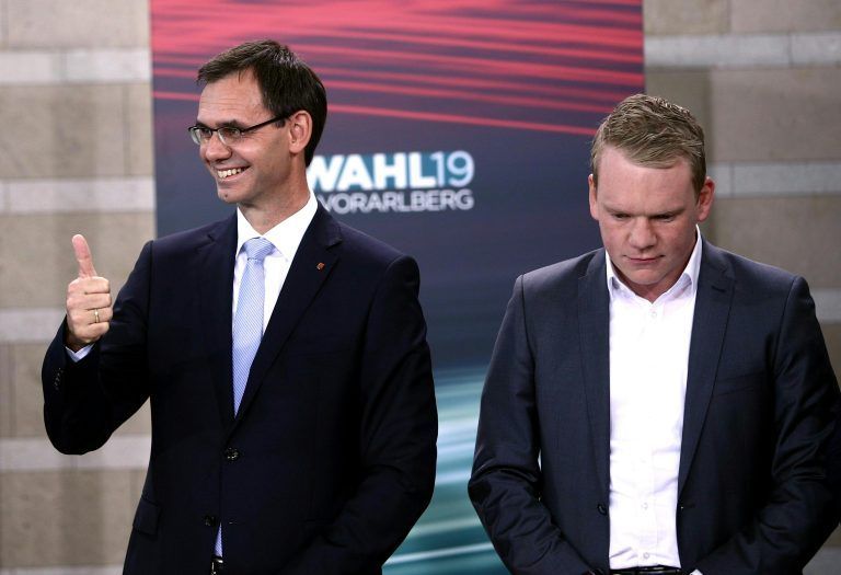 ABD0106_20191013 – BREGENZ –
STERREICH:
VP-Spitzenkandidat Landeshauptmann Markus Wallner und FP
-Spitzenkandidat Christof Bitschi am Sonntag, 13. Oktober 2019, im Bregenzer Landhaus anl. der Vorarlberger Landtagswahl. – FOTO: APA/GEORG HOCHMUTH