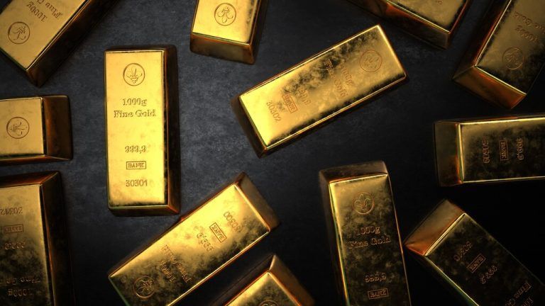 Fine Gold Bars 1kg Fine gold bars on a dark background. 3d illustration.