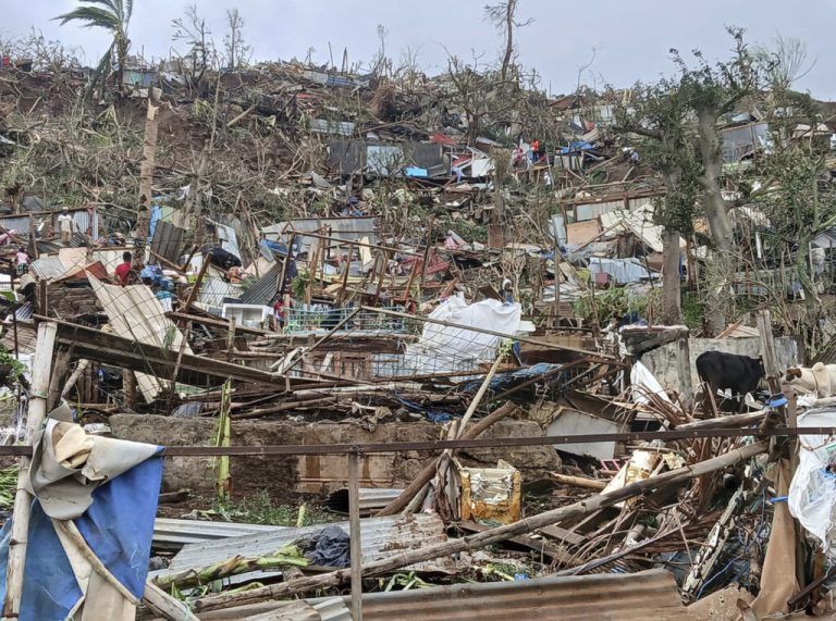 This undated photo provided by NGO Medecins du Monde  on Sunday, Dec. 15, 2024, shows a devastated hill on the French territory of Mayotte in the Indian Ocean, after Cyclone Chido caused extensive damage with reports of several fatalities. (Medecins du Monde via AP)