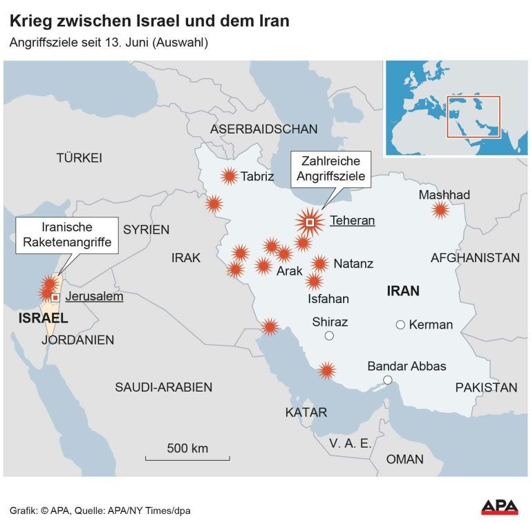 Karte Nahost, Angriffsziele in Israel und Iran, Quelle: APA/NY Times/dpa; Die Auslieferung der APA-Grafiken als Embed-Code ist ausschlie§lich Kunden mit einer gltigen Vereinbarung fr Grafik-Pauschalierung vorbehalten. Dabei inkludiert sind automatisierte Schrift- und Farbanpassungen an die jeweilige CI. Fr weitere Informationen wenden Sie sich bitte an unser Grafik-Team unter grafik@apa.at. GRAFIK 0824-25, 134 x 132 mm