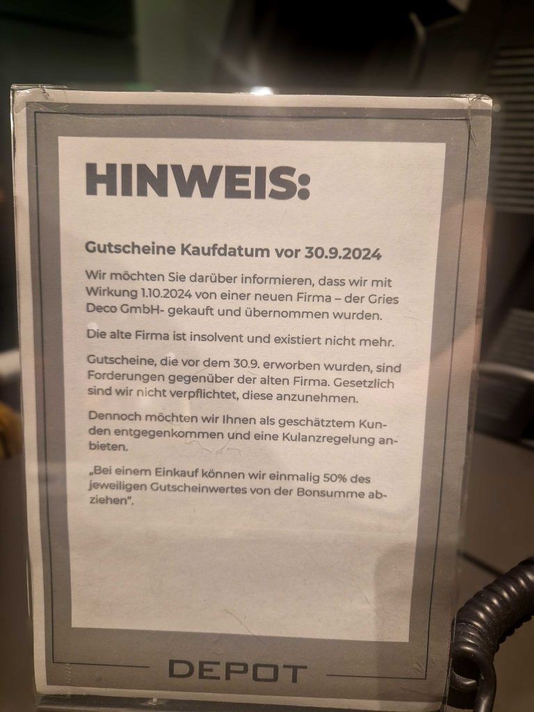 Alte Gutscheine von Depot nun fast wertlos
