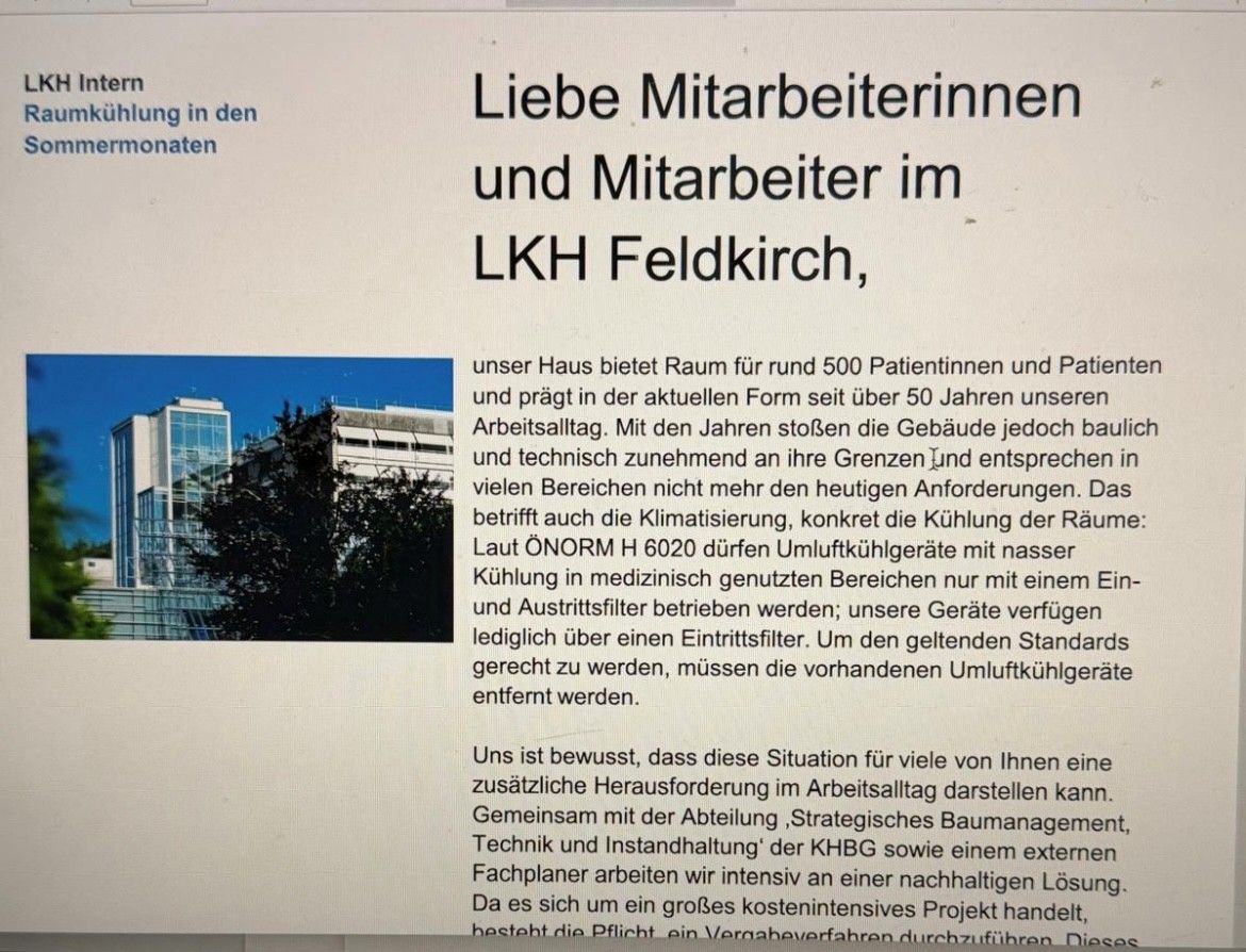Großes Schwitzen im LKH Feldkirch: Ausbau von Kühlgeräten sorgt für Unmut